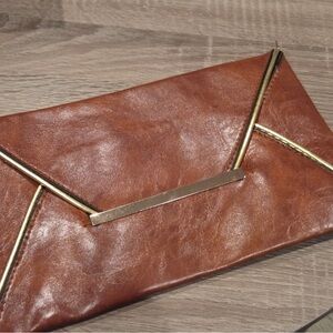 Chic Brown Leather Clutch with Gold Accents